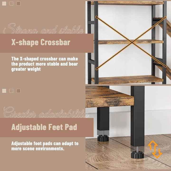 Rustic Brown Triple 5 Tier Wooden Bookcase With Metal Frame for wholesale on Faire7