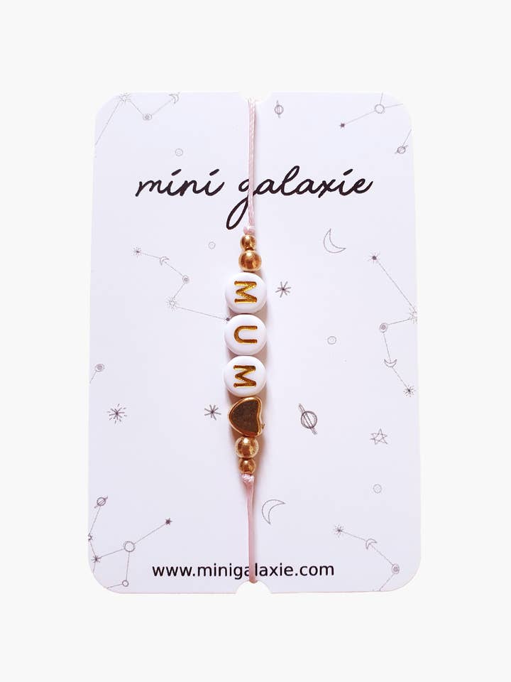 Pulsera MUM de perlas blancas con letras doradas y cordón rosa para venta al por mayor de Mini galaxie