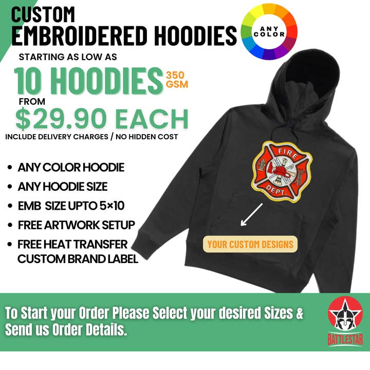 Personalized Embroidered Fleece Fabric 350 GSM Hoodies for wholesale by Battlestar Clothing & Gear Co