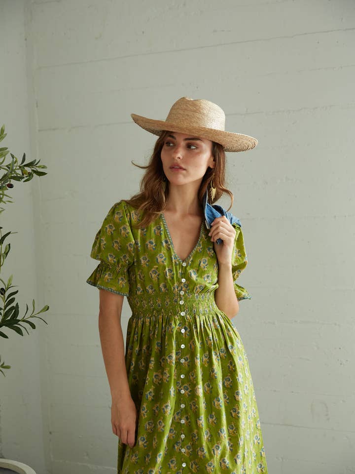 Tatiana Block Printed Dress (Olive) for wholesale by The Fox and The Mermaid