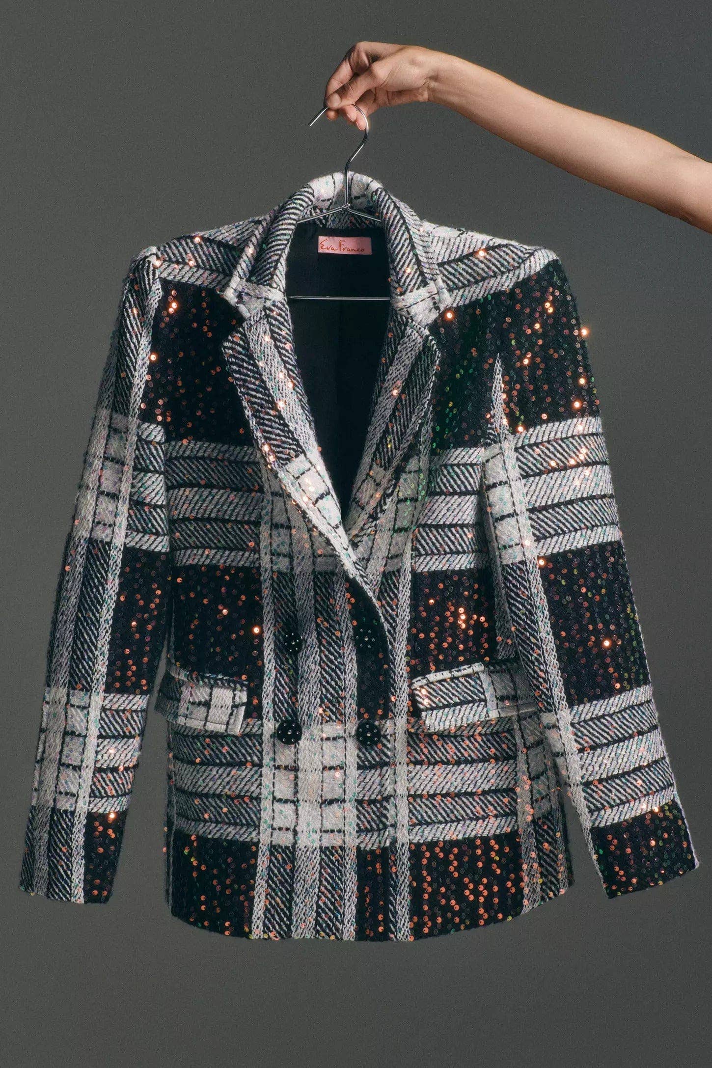 Black Motif Fall Holiday Plaid Sequin Double Breasted Blazer for wholesale on Faire2