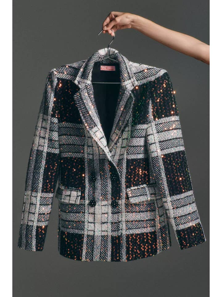 Black Motif Fall Holiday Plaid Sequin Double Breasted Blazer for wholesale on Faire2