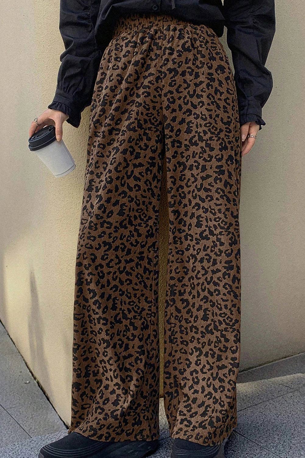 Dark Brown Leopard Print Elastic High Waist Loose Corduroy Pants for wholesale on Faire2