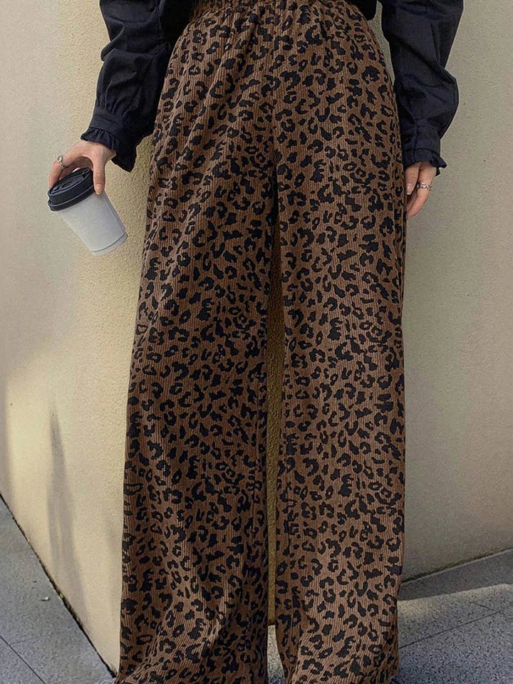Dark Brown Leopard Print Elastic High Waist Loose Corduroy Pants for wholesale on Faire2