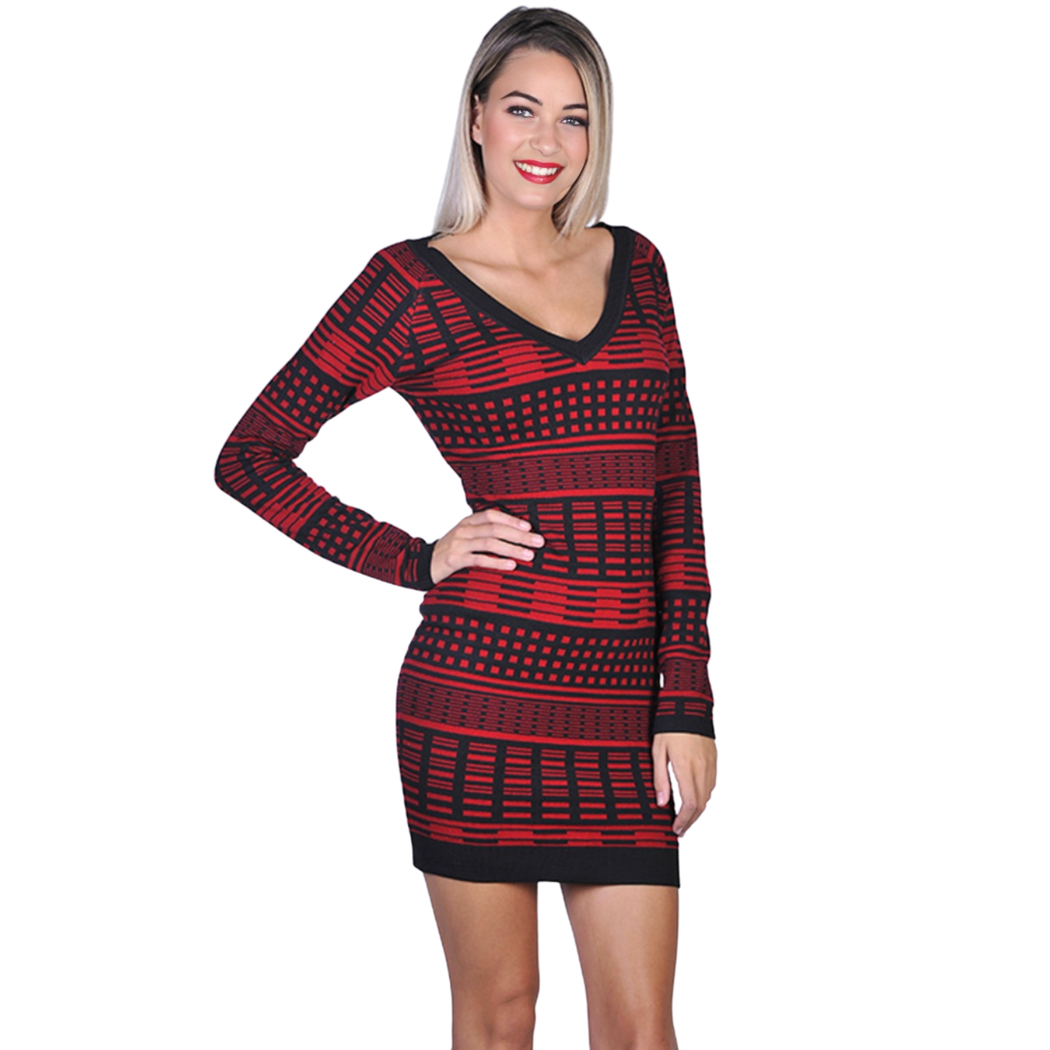 Importation 1867 - Wholesale Dress - Women's - V-Neck Bodycon Mini Knit Sweater Dress0