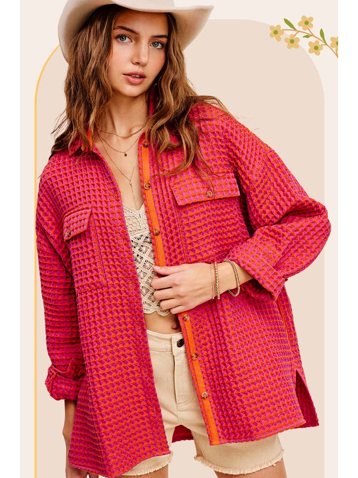 La Miel - Wholesale Shirt Jacket/Shacket - Women’s - JKT1793-Unique Waffle Textured Oversized Button Down Shacket8