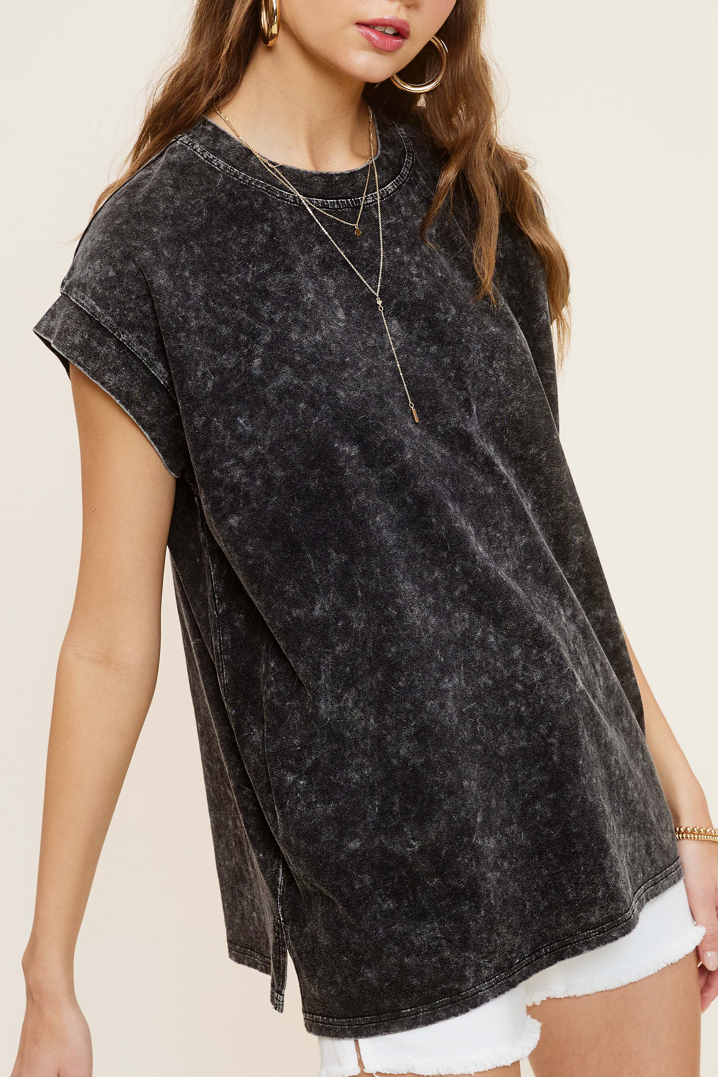 La Miel – wholesale Tunika - Dam – MCT7689-Mineraltvättad Kortärmad topp med rund halsringning3