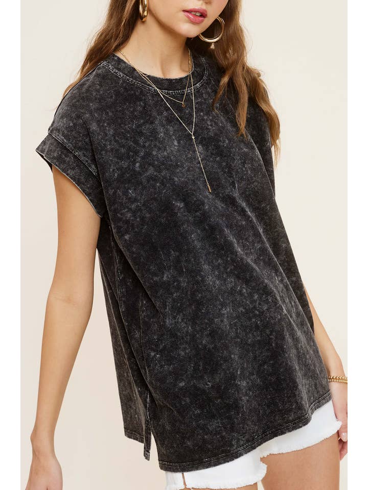 La Miel - Vente Tunique – femme - MCT7689-Haut à manches courtes et encolure ras-du-cou délavé au minéral3