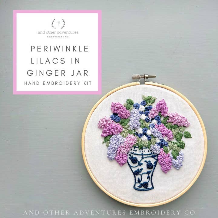 And Other Adventures Embroidery Co - Wholesale DIY Craft Kit - Hand Embroidery Kit - Periwinkle Lilacs in Ginger Jar0