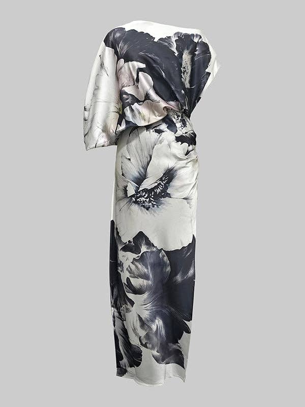 GRIS Vestidos de noche de un solo hombro con mangas murciélago sueltas asimétricas estampadas con flores y abertura lateral. de venta al por mayor en Faire3