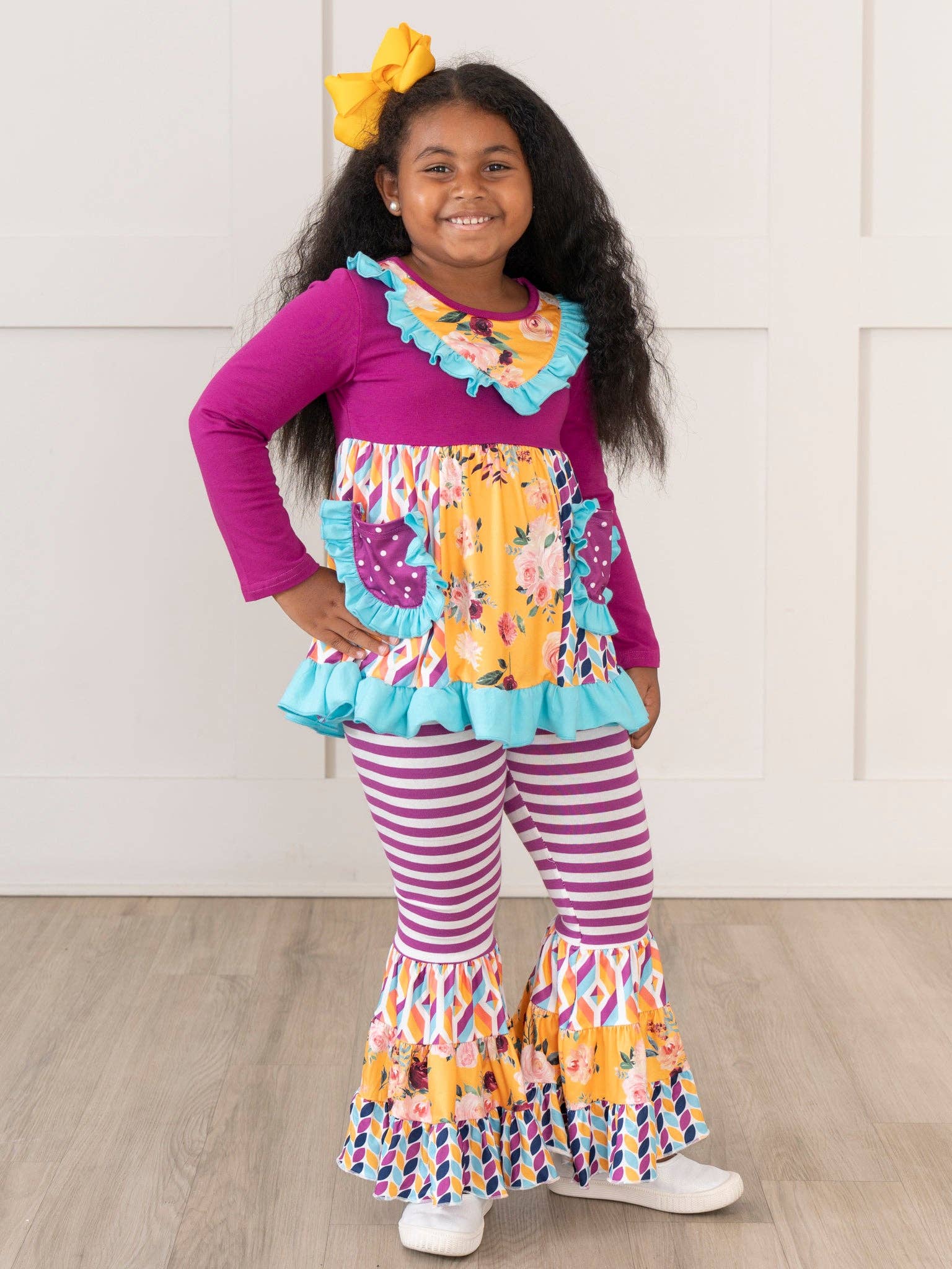 Marie Nicole Clothing - Wholesale Top & Pant Set - Kids - Pocket Flara Bells Outfit - Mulberry3
