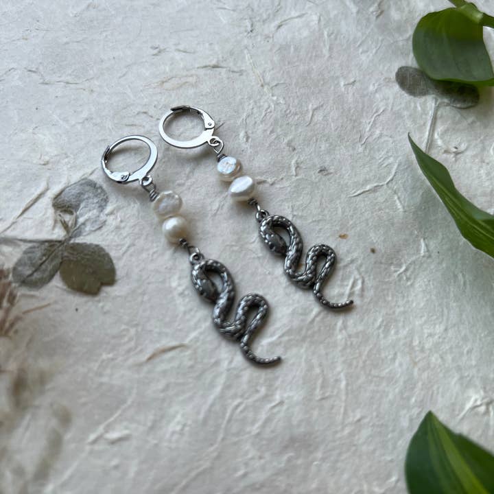 Freshwater Pearl - Snake Earrings - Steel - Huggie for wholesale by Earth Star Healing Collective