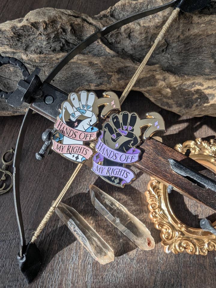 Hands off my rights feminine rage enamel pin for wholesale by Geek and Artsy
