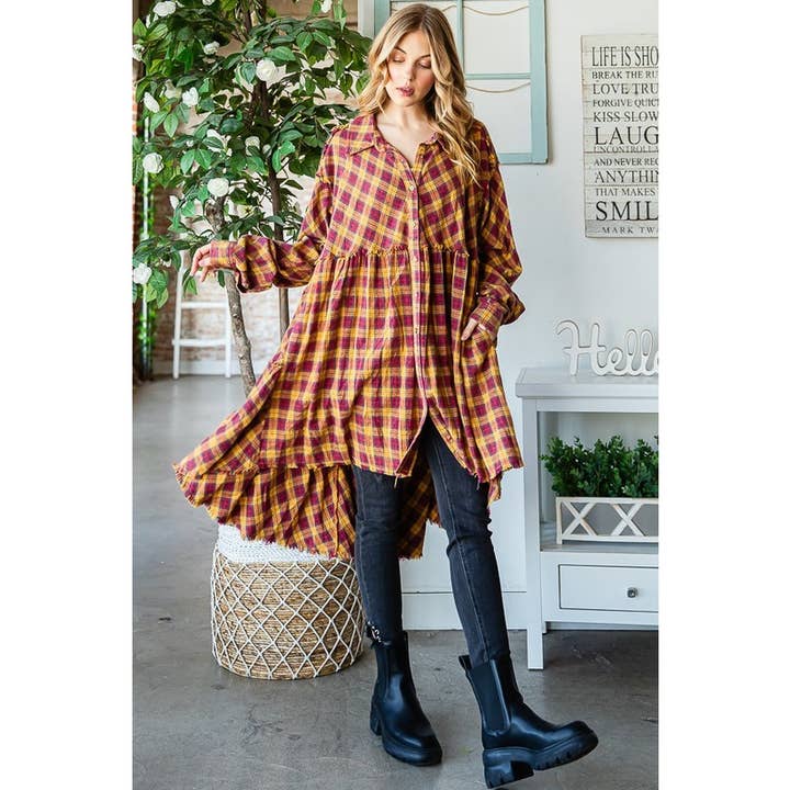 Oli&Hali - Wholesale Shirt - Women's - WASHED TIERED RUFFLE BACK DETAIL PLAID TUNIC SHIRT5