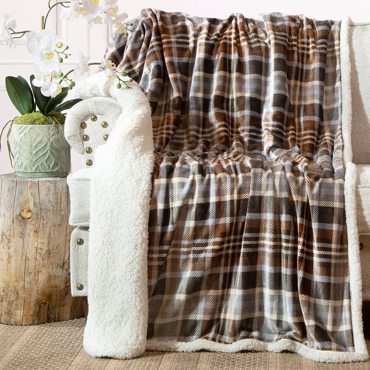 Gray & Chestnut Plaid Plush Sherpa Throw for wholesale by Carstens, Inc.