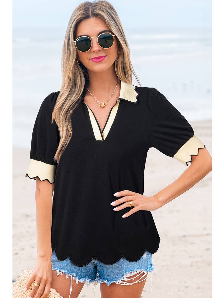 Comme indiqué Blouse à col en V contrasté avec manches bouffantes | S-XL en vente sur Faire