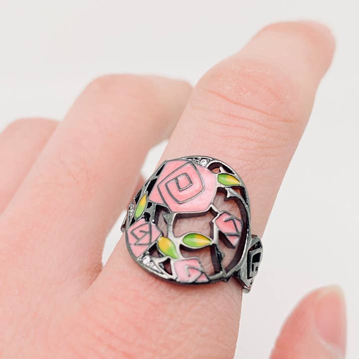 Mio Queena – Anel de cocktail/declaração por atacado – Anel Flor de Esmalte Rosa Espinho3