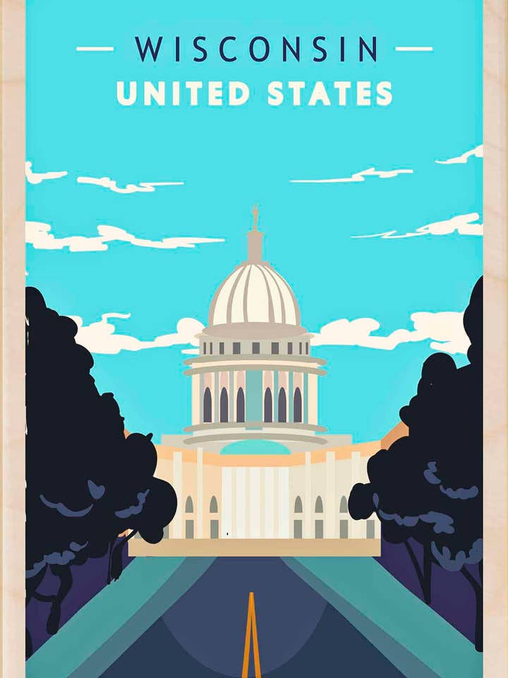 Wisconsin - Milieuvriendelijke kaarten en magneten voor wholesale door THE WOODEN POSTCARD COMPANY