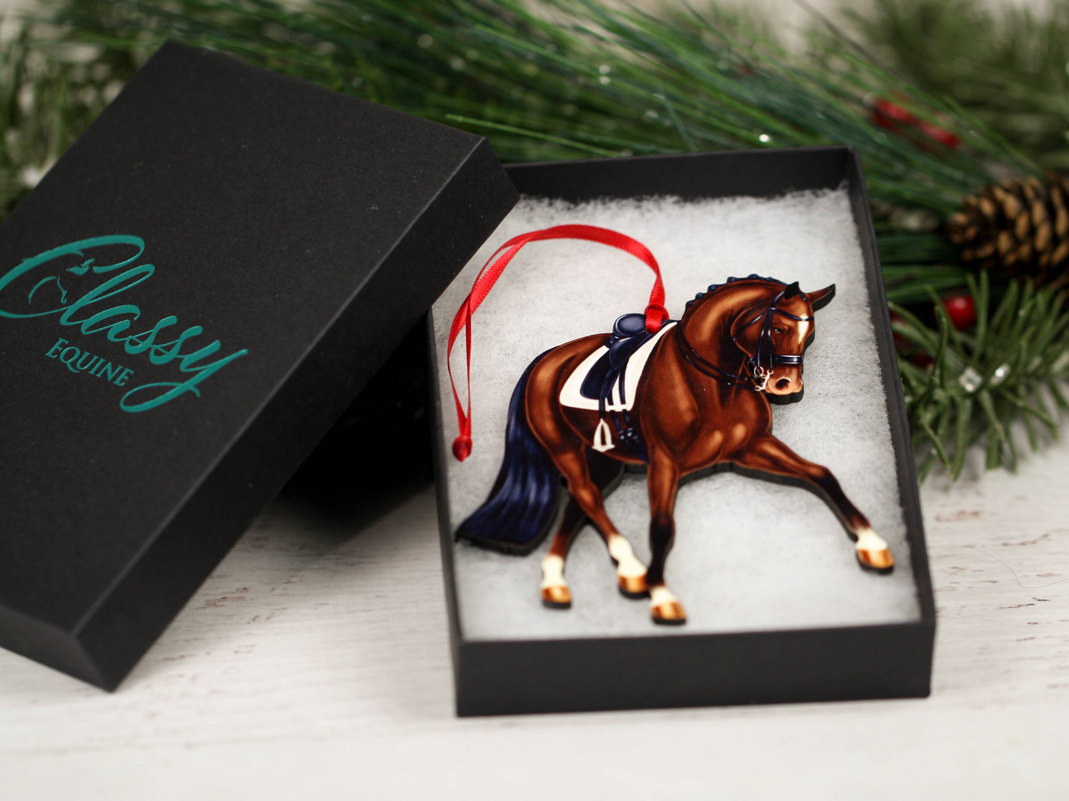Classy Equine – wholesale Ornament – Dressage Horse Christmas Ornament -  Bay Half Pass Dressage7