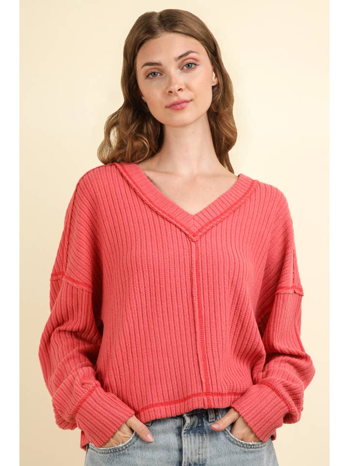 VERY J - Wholesale Knit Top - Women's - NT11804-Casual Comfy Soft V-Neck Knit Top