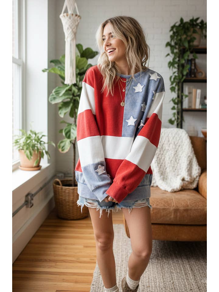 RED BLUE WHITE MINERAL WASHED AMERICANA FLAG SWEATSHIRT for wholesale on Faire3