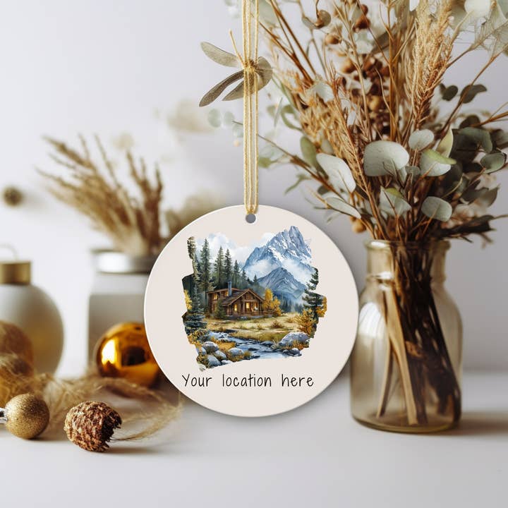 Personalized Mountain Cabin Christmas Ornament Name Drop for wholesale by Stad Woodlands