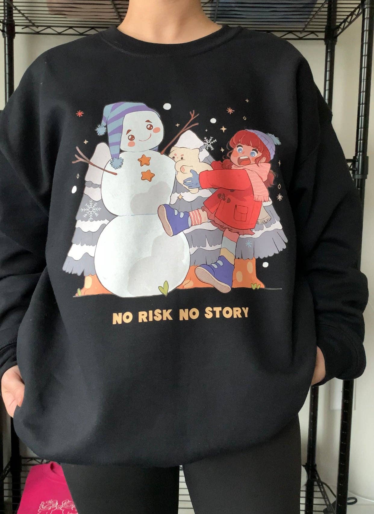 Black No Risk, No Story - Snowy Winter Graphic Crewneck Sweatshirt for wholesale on Faire2