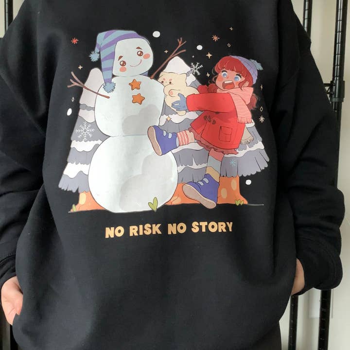 Black No Risk, No Story - Snowy Winter Graphic Crewneck Sweatshirt for wholesale on Faire2