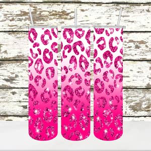 40 oz Iridescent Leopard Print Tumbler with Handle in Hot Pink