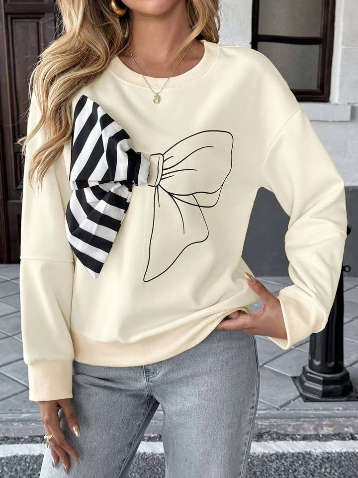 Bow Round Neck Dropped Shoulder Sweatshirt for wholesale by Beyond Apparel