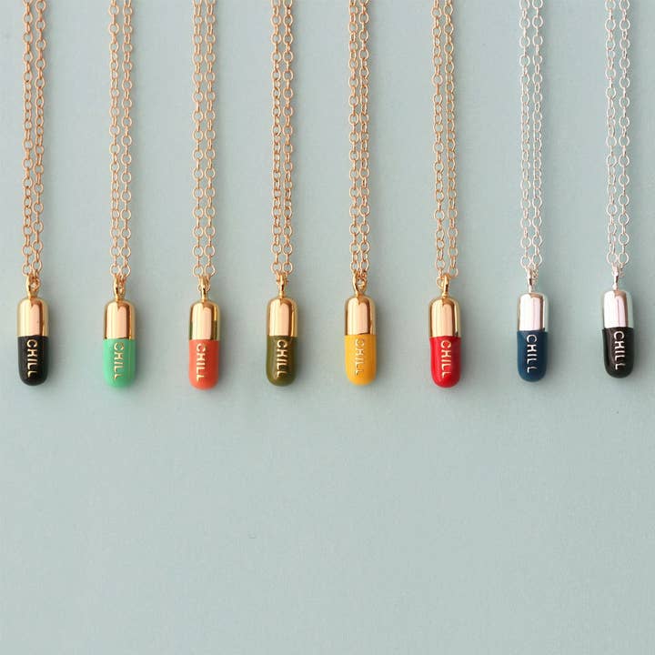 Kris Nations - Wholesale Pendant/Charm Necklace - Chill Pill Enamel Necklace 18K Gold Vermeil | Sterling Silver Charm | Gold Filled | Sterling Silver Chain Multiple Colors 16-18 Inches Nickel Free Ships from CA