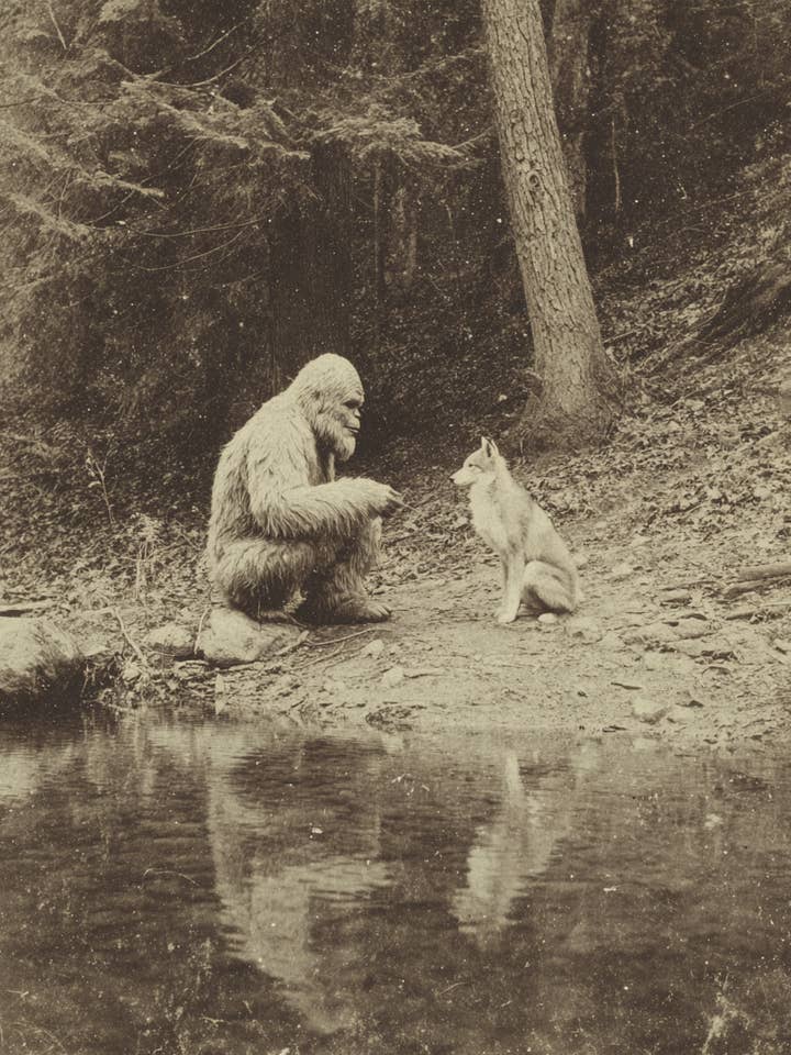 Bigfoot & Sasquatch - Donnant de la sagesse à un loup pour la vente par Mowbi