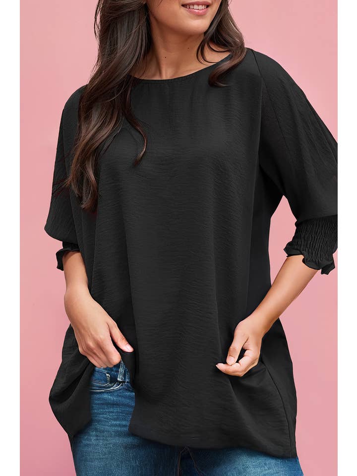 66DISCO - Wholesale Tunic - Women's - Smocked Wrist Round Neck Half Sleeve Knit Top (S-2XL)