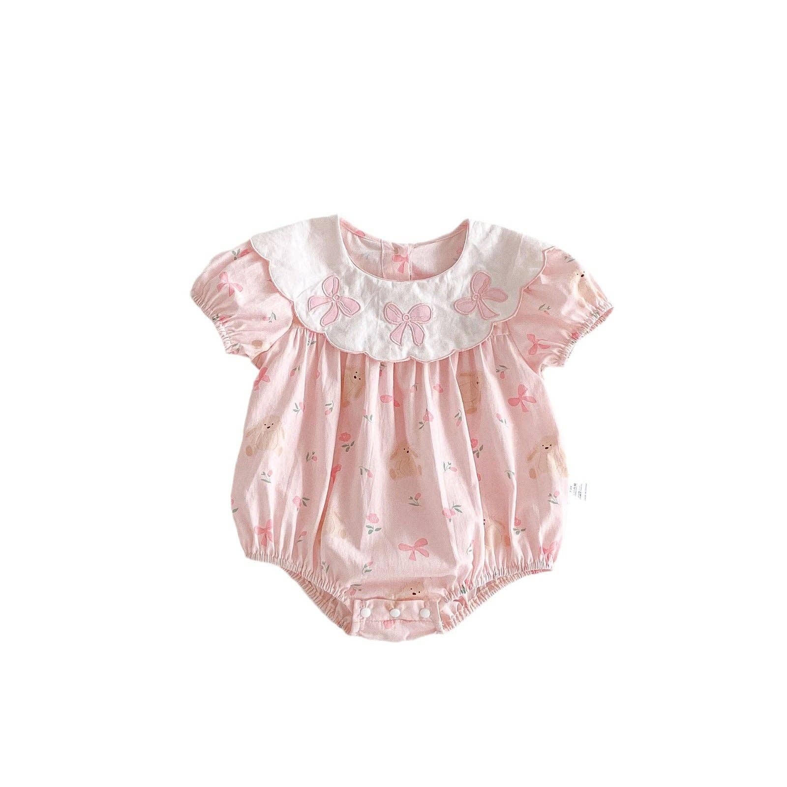 Rose Clair Body rose à manches courtes pour bébé fille avec motif ourson et nœuds, vente estivale. en vente sur Faire0