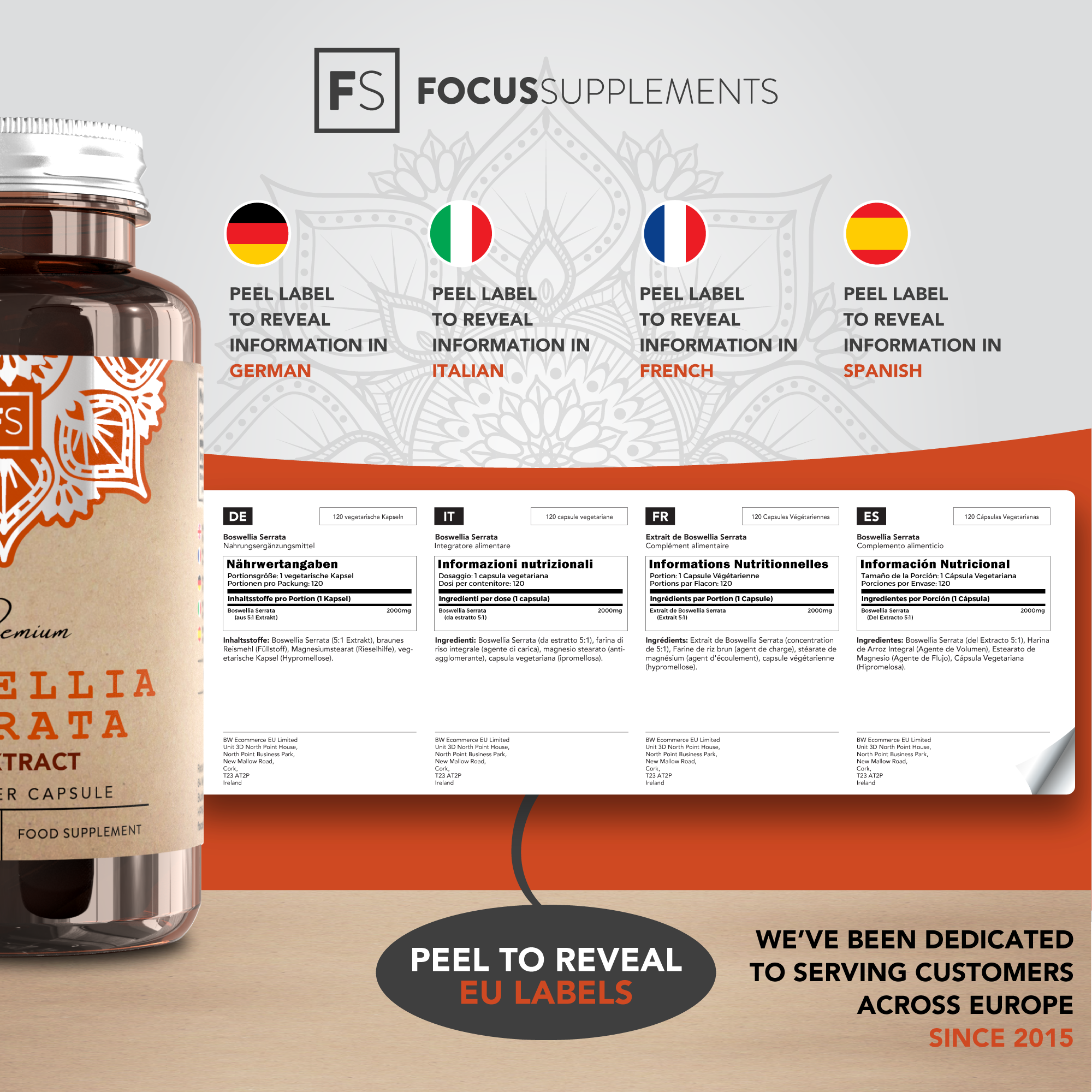Focus Supplements - Venta al por mayor Suplementos/vitaminas para beber - Extracto 5:1 de Boswellia Serrata (2000 mg) 120 cápsulas2