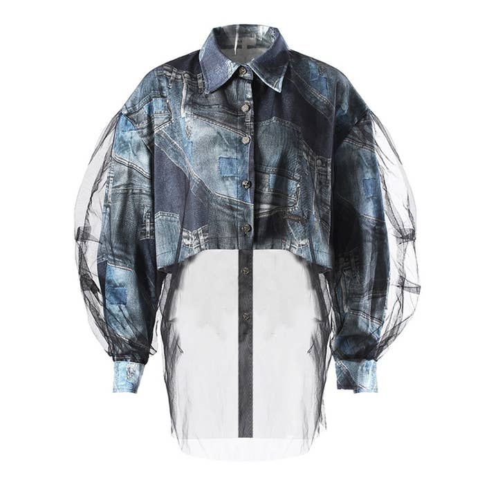 JK299 Gedrukt Denim Organza Patchwork Kort Jack voor wholesale door Productseeker