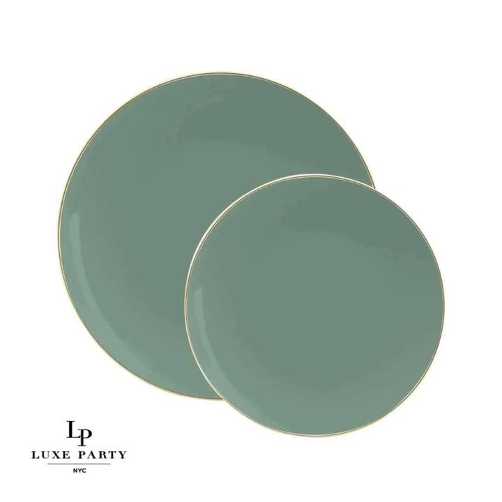 Luxe Party – wholesale Disposable plate – Round Sage Green and Gold Plastic Plates Set | 40 Pack