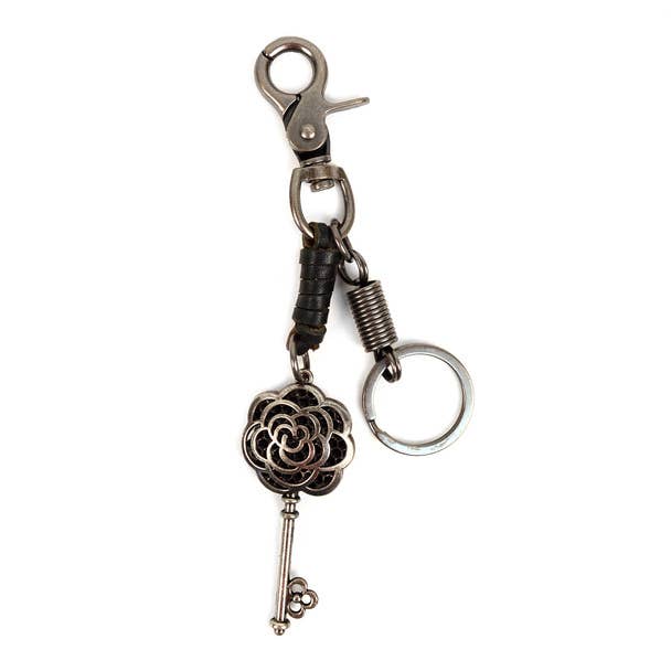 Genuine Leather and Metal Flower Skeleton Key Fancy Keychain for wholesale by Selini New York