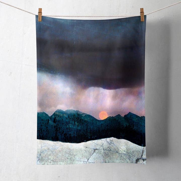 Strawberry Moonrise over Cuillins Skye Cotton Tea Towel for wholesale by Cath Waters Scottish Landscapes