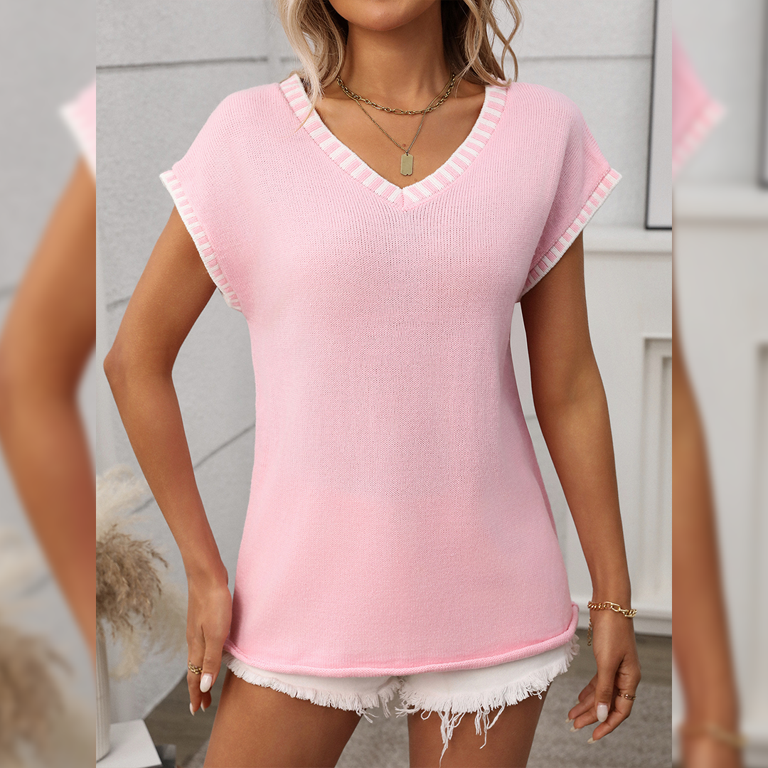 UNISHE – wholesale Knitted jumper – Women′s – Pullover Short Sleeve V-Neck Striped Knit Sweater MD1785