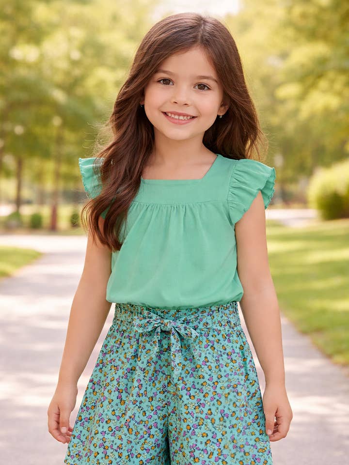 GKSS-3303B-Q203 Flickors 2-delade blommiga shortsset med ribbad topp för wholesale av Cutie Patootie Clothing