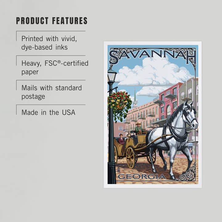 Lantern Press - Wholesale Postcard - PREMIUM POSTCARDS Savannah, Georgia, Horse and Carriage