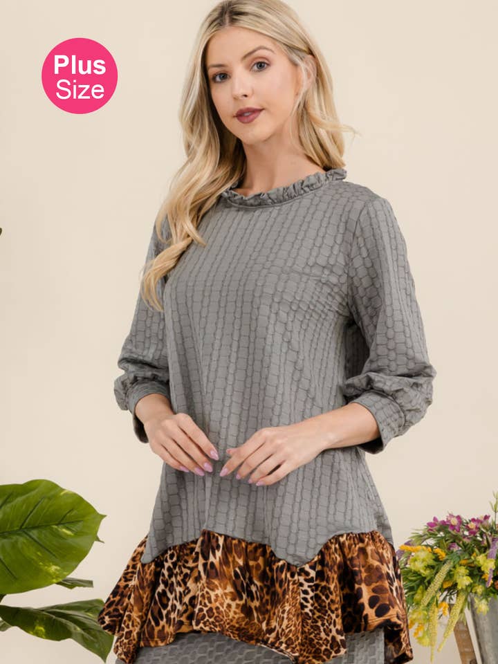 PLUS HONEYCOMB TUNIC WITH ANIMAL PRINT HEMLINE -MT43916-PL
for wholesale by Celeste Clothing