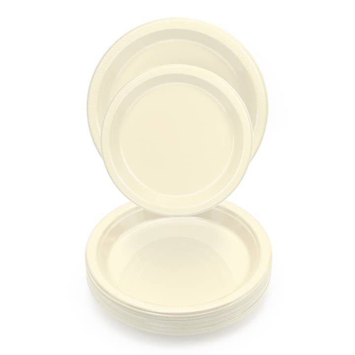 10 In. Ivory Plastic Plates Disposable - 50 Ct. for wholesale on Faire