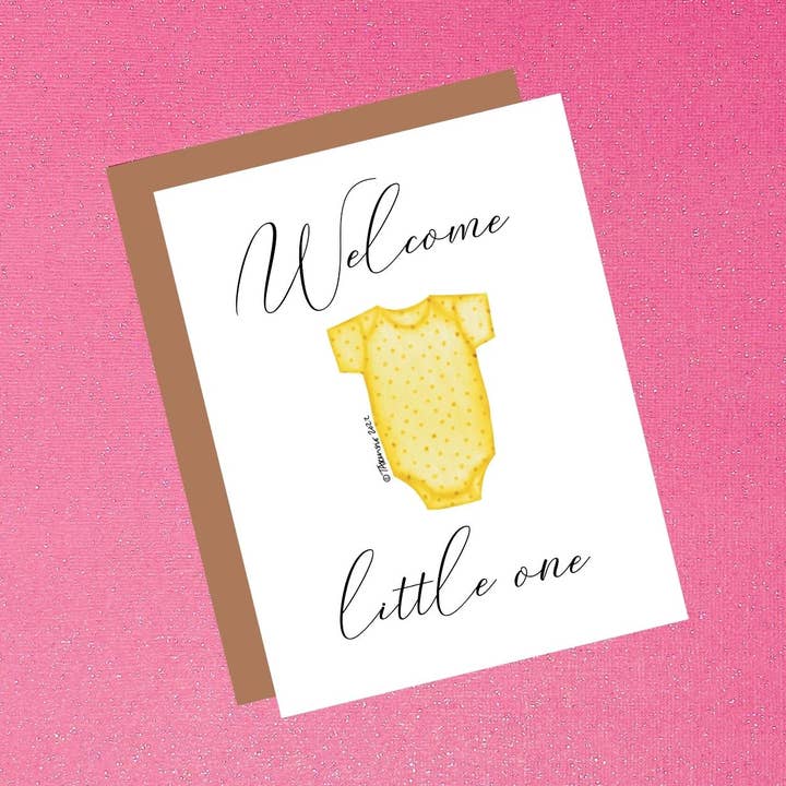 Carte de fête prénatale Baby - Welcome Little One Yellow Onesie pour la vente par Tiffany Ascensio Designs | Watercolor Greeting Cards