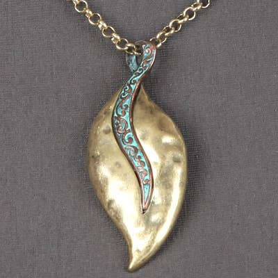0011 PREMIERE - Wholesale Jewelry Set - FR5998 Burnished Brass Patina Filigree Leaf Wave Pendant Set