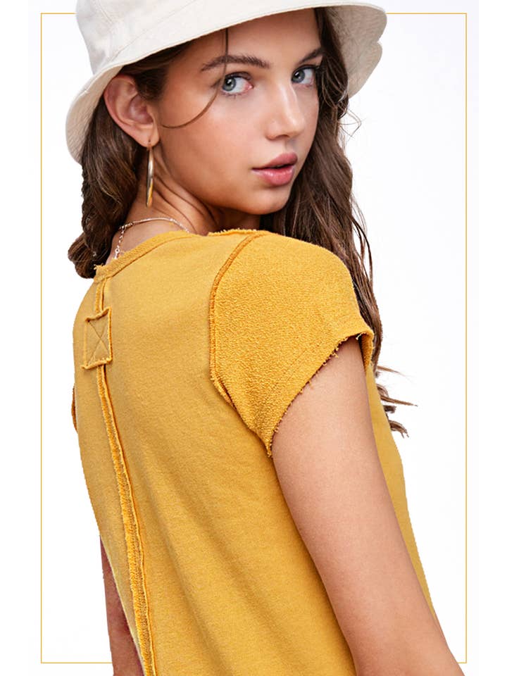 La Miel - Wholesale Gebreide top - Dames - JBT7655-getextureerde top van zachte badstof met ruwe rand en korte mouwen6