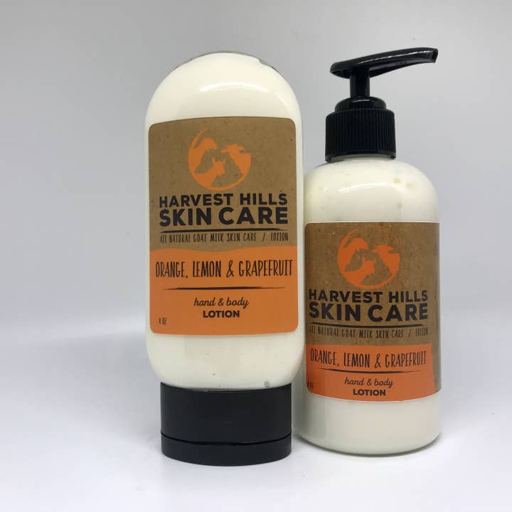 Orange, Lemon, Grapefruit Goat Milk Hand & Body Lotion for wholesale by Harvest Hills Skin Care, LLC
