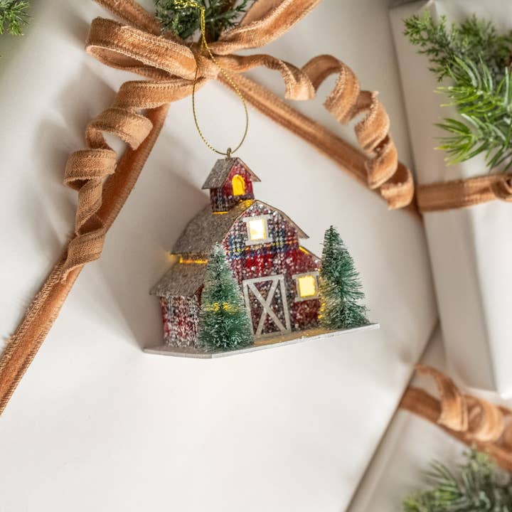 Ragon House - Wholesale Ornament - PLAID LIGHTED BARN ORNAMENT