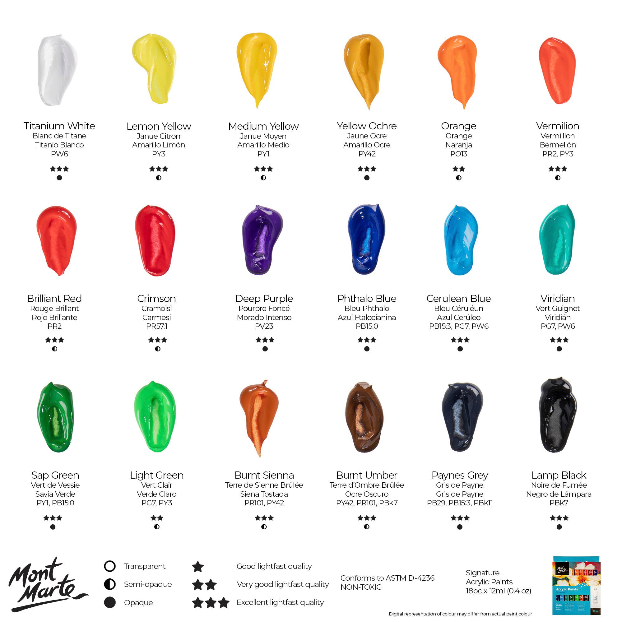 Mont Marte Usa, Inc. - Wholesale Paint Set - Acrylic Paints Signature 18pc x 12ml (0.4 US fl.oz)3